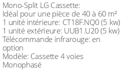 Climatiseur Cassette 4 voies Monophasé 5 kWatts