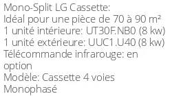 Climatiseur Cassette 4 voies Dual Vane Monophasé 8 kWatts