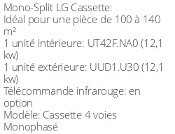 Climatiseur Cassette 4 voies Dual Vane Monophasé 12,1 kWatts