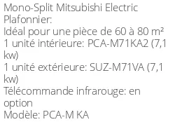 Climatiseur Plafonnier PCA-M KA 7,1 kWatts Monophasé