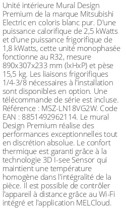 Split mural Design Premium - 2.5 kWatts Blanc Pur - R32 - Mitsubishi Electric - Réf : MSZ-LN18VG2W