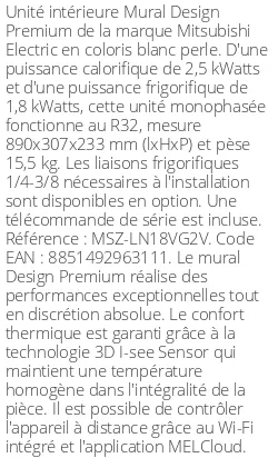 Split mural Design Premium - 2.5 kWatts Blanc Perle - R32 - Mitsubishi Electric - Réf : MSZ-LN18VG2V