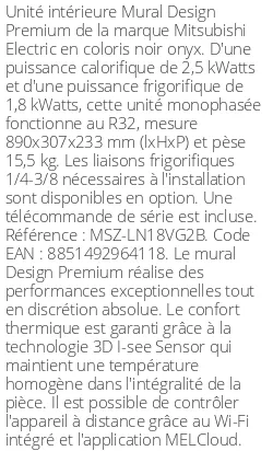 Split mural Design Premium - 2.5 kWatts Noir Onyx - R32 - Mitsubishi Electric - Réf : MSZ-LN18VG2B
