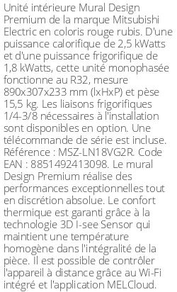 Split mural Design Premium - 2.5 kWatts Rouge Rubis - R32 - Mitsubishi Electric - Réf : MSZ-LN18VG2R