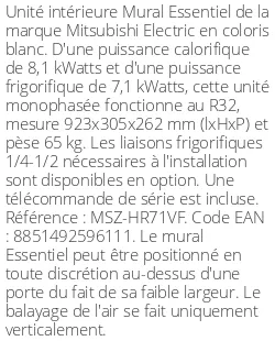 Split mural Essentiel - 8.1 kWatts - R32 - Mitsubishi Electric - Réf : MSZ-HR71VF