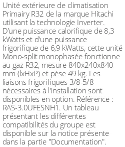 Unité extérieure Primairy 8.3 kWatts - R32 - Hitachi - Réf : RAS-3.0UFESNH1