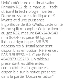 Unité extérieure Primairy 9 kWatts - R32 - Hitachi - Réf : RAS-3.5UFESNH1