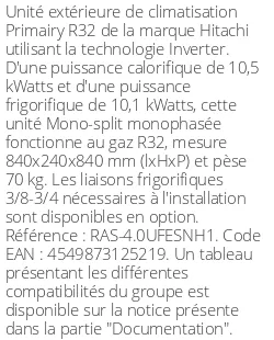Unité extérieure Primairy 10.5 kWatts - R32 - Hitachi - Réf : RAS-4.0UFESNH1