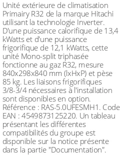 Unité extérieure Primairy 13.4/12.1 kWatts - R32 - Hitachi - Réf : RAS-5.0UFESMH1