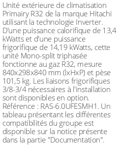 Unité extérieure Primairy 13.4/14.19 kWatts - R32 - Hitachi - Réf : RAS-6.0UFESMH1