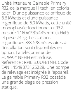 Gainable Primairy - R32 - 8.6 kWatts - R32 - Hitachi - Réf : RPIL-3.0UFE1NH