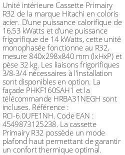 Cassette 4 voies Primairy - R32 - 16.53 kWatts - R32 - Hitachi - Réf : RCI-6.0UFE1NH