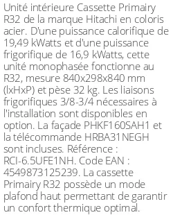 Cassette 4 voies Primairy - R32 - 19.49 kWatts - R32 - Hitachi - Réf : RCI-6.5UFE1NH
