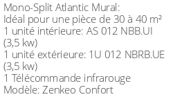 Climatiseur Mural Zenkeo Confort 3,5 kWatts