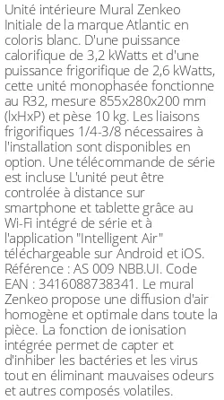 Split mural Zenkeo Initiale - 3.2 kWatts - R32 - Atlantic - Réf : AS 009 NBB.UI