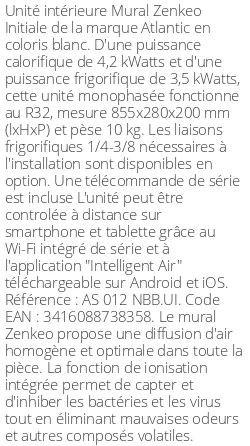Split mural Zenkeo Initiale - 4.2 kWatts - R32 - Atlantic - Réf : AS 012 NBB.UI