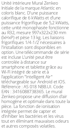 Split mural Zenkeo Initiale - 6 kWatts - R32 - Atlantic - Réf : AS 018 NBB.UI