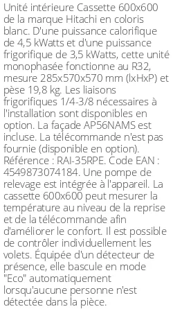 Cassette 4 voies 600 X 600 - 4.5 kWatts - R32 - Hitachi - Réf : RAI-35RPE
