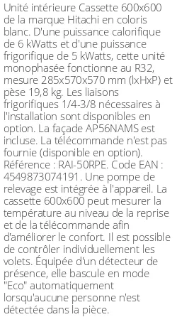 Cassette 4 voies 600 X 600 - 6 kWatts - R32 - Hitachi - Réf : RAI-50RPE
