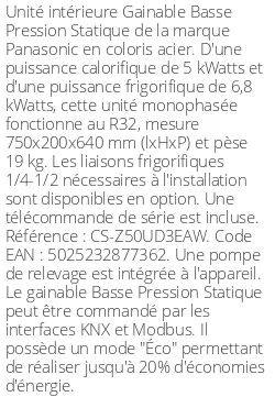 Gainable Basse Pression Statique - 6.8 kWatts - R32 - Panasonic - Réf : CS-Z50UD3EAW