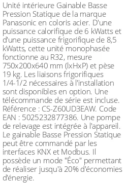 Gainable Basse Pression Statique - 8.5 kWatts - R32 - Panasonic - Réf : CS-Z60UD3EAW