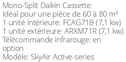 Climatiseur Cassette SkyAir Active-series FCAG71B/ARXM71R 6,8 kWatts