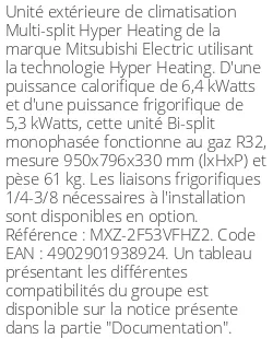 Unité extérieure Multi-split Hyper Heating 6.4 kWatts 2 sorties - R32 - Mitsubishi Electric - Réf : MXZ-2F53VFHZ2