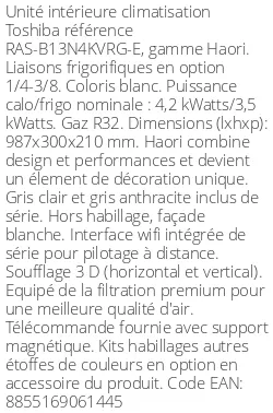Split mural Haori - 4.2 kWatts - R32 - Toshiba - Réf : RAS-B13N4KVRG-E