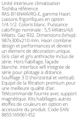 Split mural Haori - 5.5 kWatts - R32 - Toshiba - Réf : RAS-B16N4KVRG-E