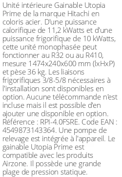 Gainable Utopia Prime - 11.2 kWatts - R32/R410 - Hitachi - Réf : RPI-4.0FSRE