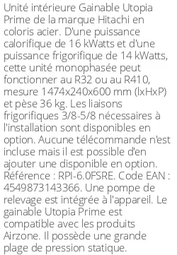 Gainable Utopia Prime - 16 kWatts - R32/R410 - Hitachi - Réf : RPI-6.0FSRE