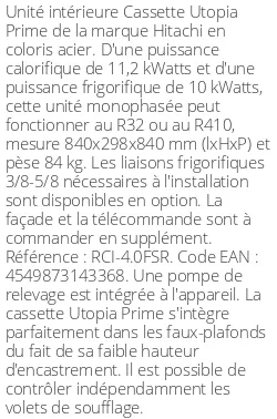 Cassette 4 voies Utopia Prime - 11.2 kWatts - R32/R410 - Hitachi - Réf : RCI-4.0FSR