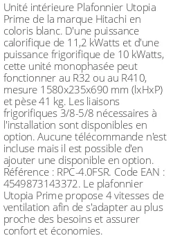 Plafonnier Utopia Prime - 11.2 kWatts - R32/R410 - Hitachi - Réf : RPC-4.0FSR