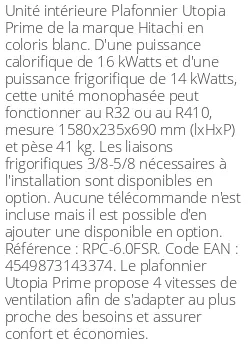 Plafonnier Utopia Prime - 16 kWatts - R32/R410 - Hitachi - Réf : RPC-6.0FSR