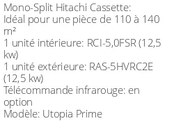 Climatiseur Cassette Utopia Prime 12,5 kWatts Monophasé