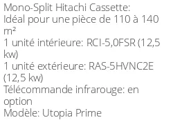 Climatiseur Cassette Utopia Prime 12,5 kWatts Monophasé R410