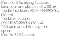 Climatiseur Cassette 360 7,1 kWatts Monophasé