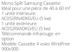 Climatiseur Cassette 4 voies WindFree 900x900 5 kWatts Monophasé