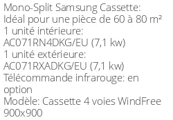 Climatiseur Cassette 4 voies WindFree 900x900 7,1 kWatts Monophasé