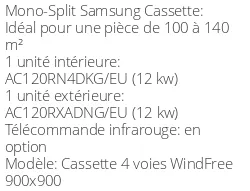 Climatiseur Cassette 4 voies WindFree 900x900 12 kWatts Triphasé