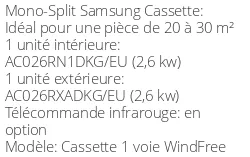 Climatiseur Cassette 1 voie WindFree 2,6 kWatts