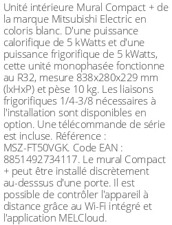 Split mural Compact + - 5 kWatts - R32 - Mitsubishi Electric - Réf : MSZ-FT50VGK