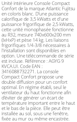 Console Compact Confort - 3.5 kWatts - R32 - Atlantic Fujitsu - Réf : AGYG 9 KVCA.UI