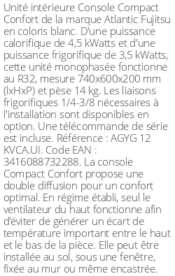 Console Compact Confort - 4.5 kWatts - R32 - Atlantic Fujitsu - Réf : AGYG 12 KVCA.UI