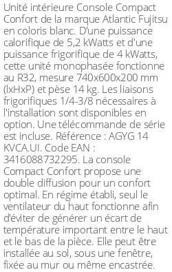 Console Compact Confort - 5.2 kWatts - R32 - Atlantic Fujitsu - Réf : AGYG 14 KVCA.UI