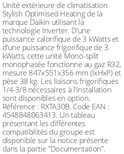 Unité extérieure Stylish Optimised Heating 3 kWatts - R32 - Daikin - Réf : RXTA30B