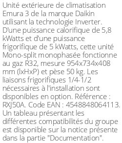 Unité extérieure Emura 3 - 5.8 kWatts - R32 - Daikin - Réf : RXJ50A