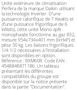 Unité extérieure Perfera RMX-R 7 kWatts - R32 - Daikin - Réf : RXM60R