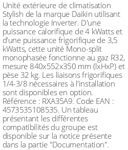 Unité extérieure Stylish RXA-A9 4 kWatts - R32 - Daikin - Réf : RXA35A9