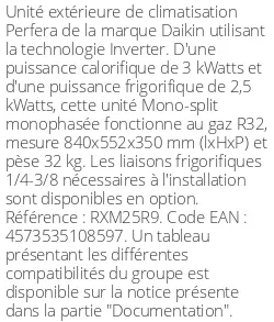 Unité extérieure Perfera RXM-R9 3 kWatts - R32 - Daikin - Réf : RXM25R9